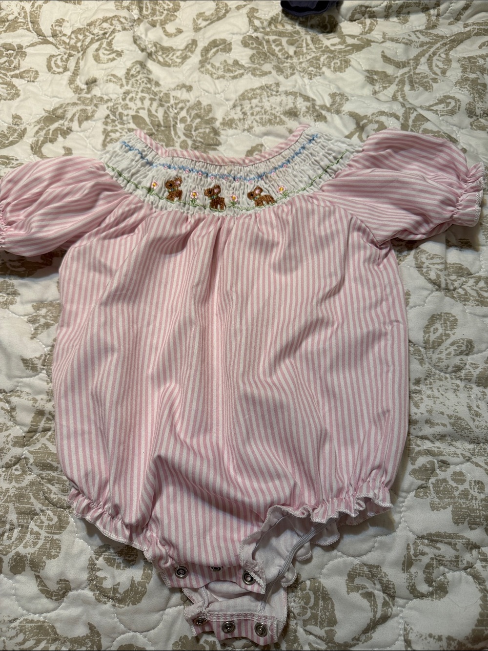 Pink Striped Baby Smocked Romper with Animal Embroidery
